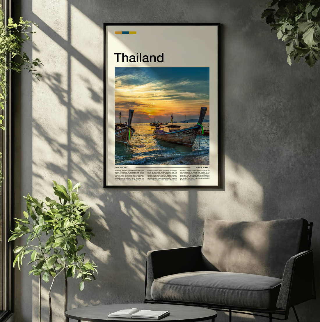 Thailand Longtail Boats At Sunset Travel Print framed on the wall of a relaxed living room
