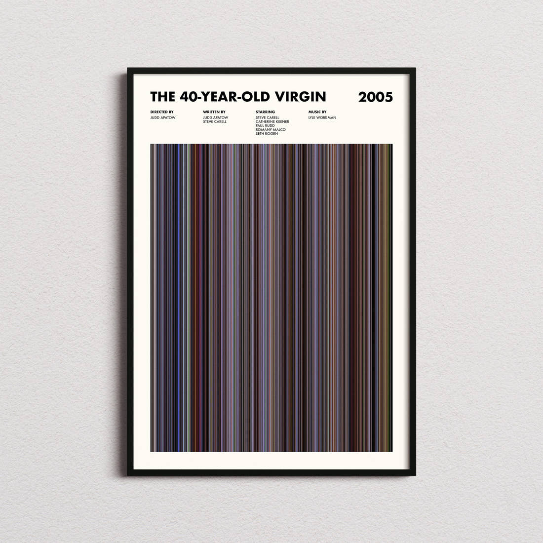 The 40-Year-Old Virgin Movie Barcode Poster framed on a plain studio wall