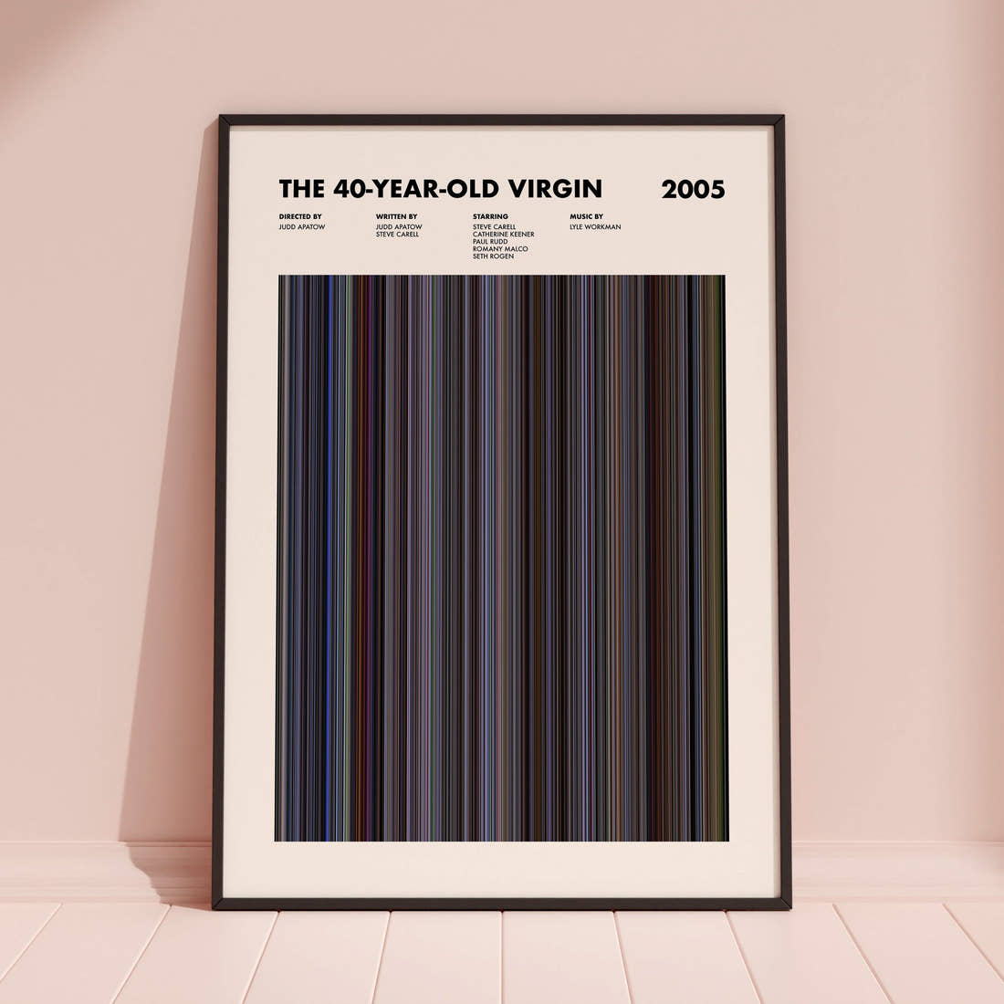The 40-Year-Old Virgin Movie Barcode Poster framed and leaning against a coloured wall