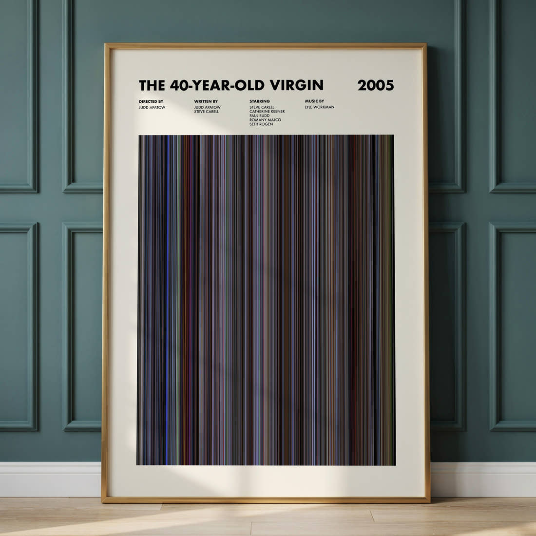 The 40-Year-Old Virgin Movie Barcode Poster framed and leaning against a panelled wall
