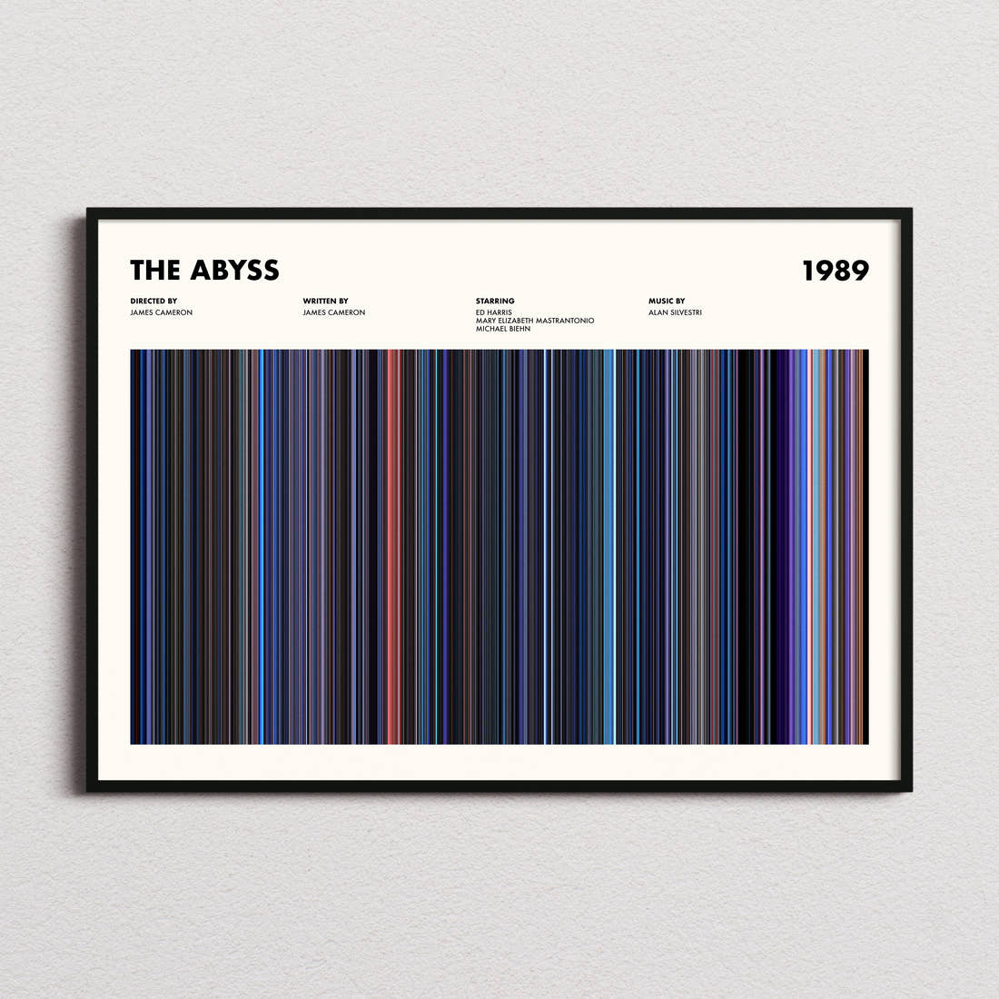 The Abyss Movie Barcode Poster framed and photographed straight on