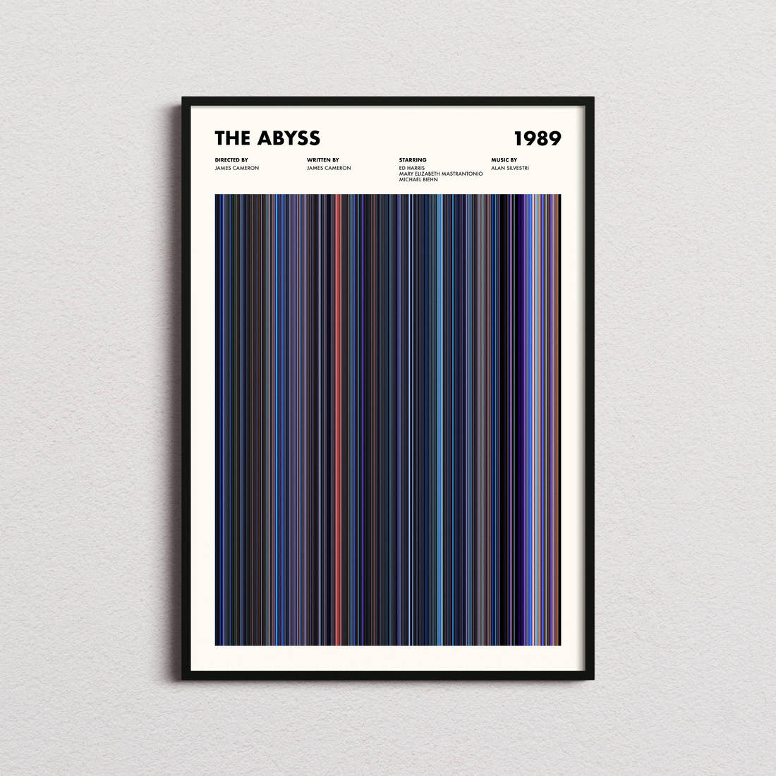 The Abyss Movie Barcode Poster framed on a plain studio wall