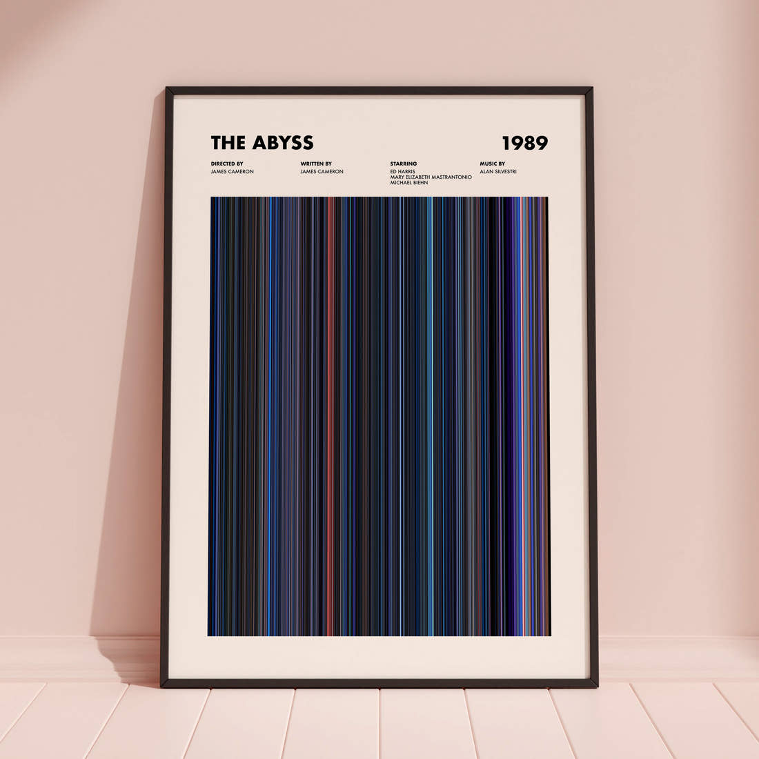 The Abyss Movie Barcode Poster framed and leaning against a coloured wall