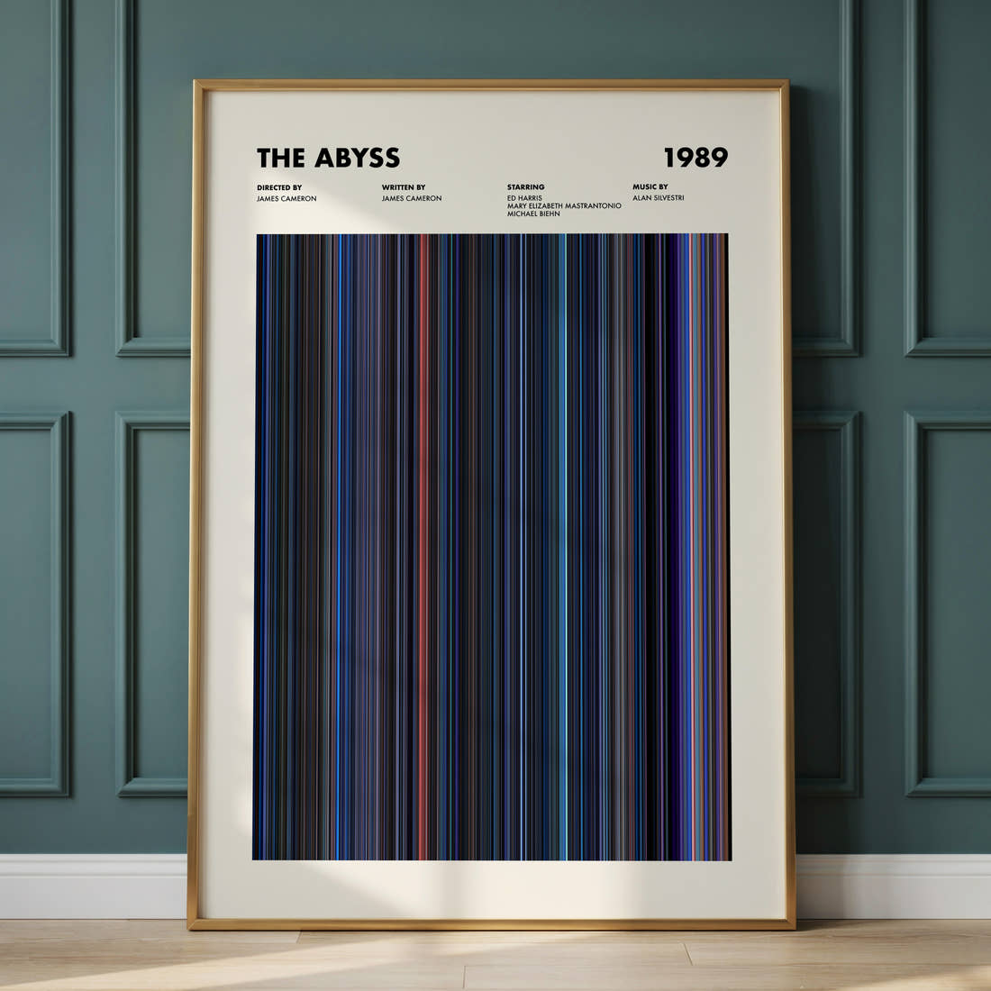 The Abyss Movie Barcode Poster framed and leaning against a panelled wall