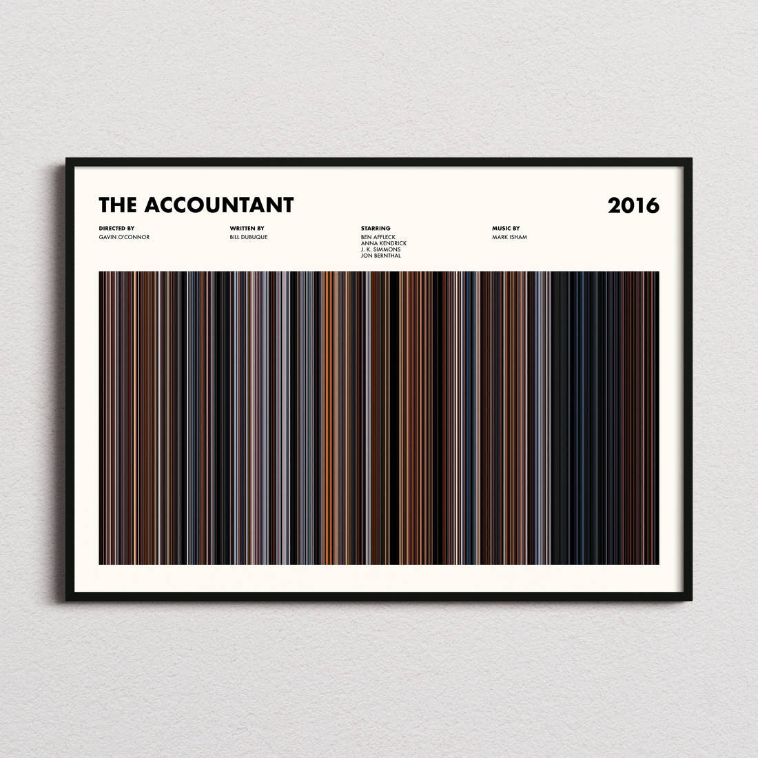 The Accountant Movie Barcode Poster framed and photographed straight on