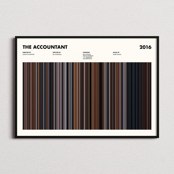 The Accountant Movie Barcode Poster framed and photographed straight on