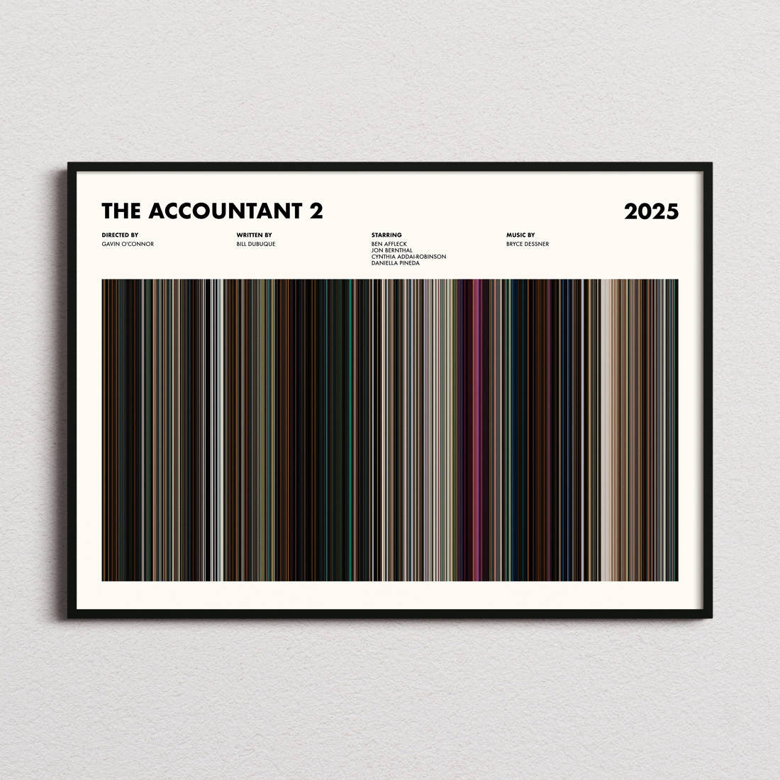 The Accountant 2 Movie Barcode Poster framed and photographed straight on
