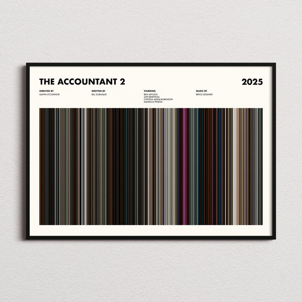 The Accountant 2 Movie Barcode Poster framed and photographed straight on