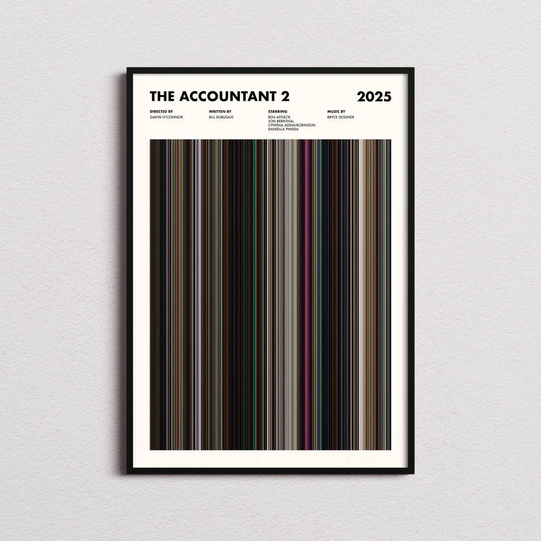 The Accountant 2 Movie Barcode Poster framed on a plain studio wall