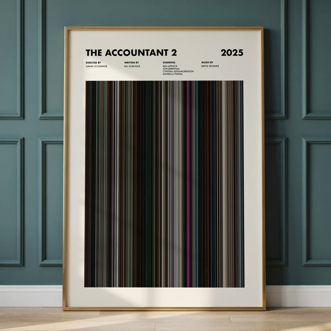 The Accountant 2 Movie Barcode Poster framed and leaning against a panelled wall
