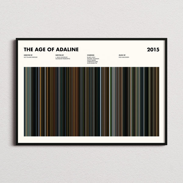 The Age Of Adaline Movie Barcode Poster framed and photographed straight on