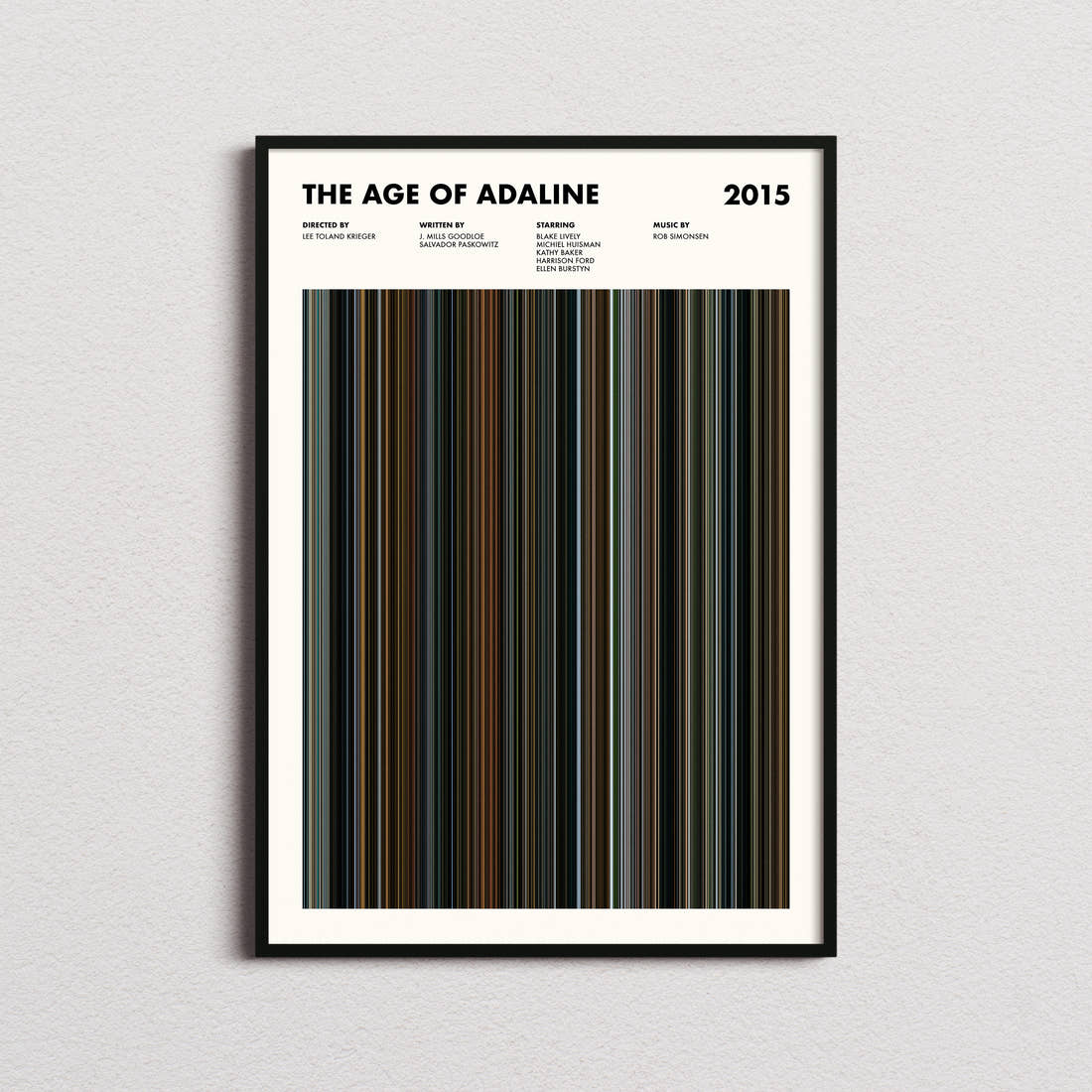 The Age Of Adaline Movie Barcode Poster framed on a plain studio wall