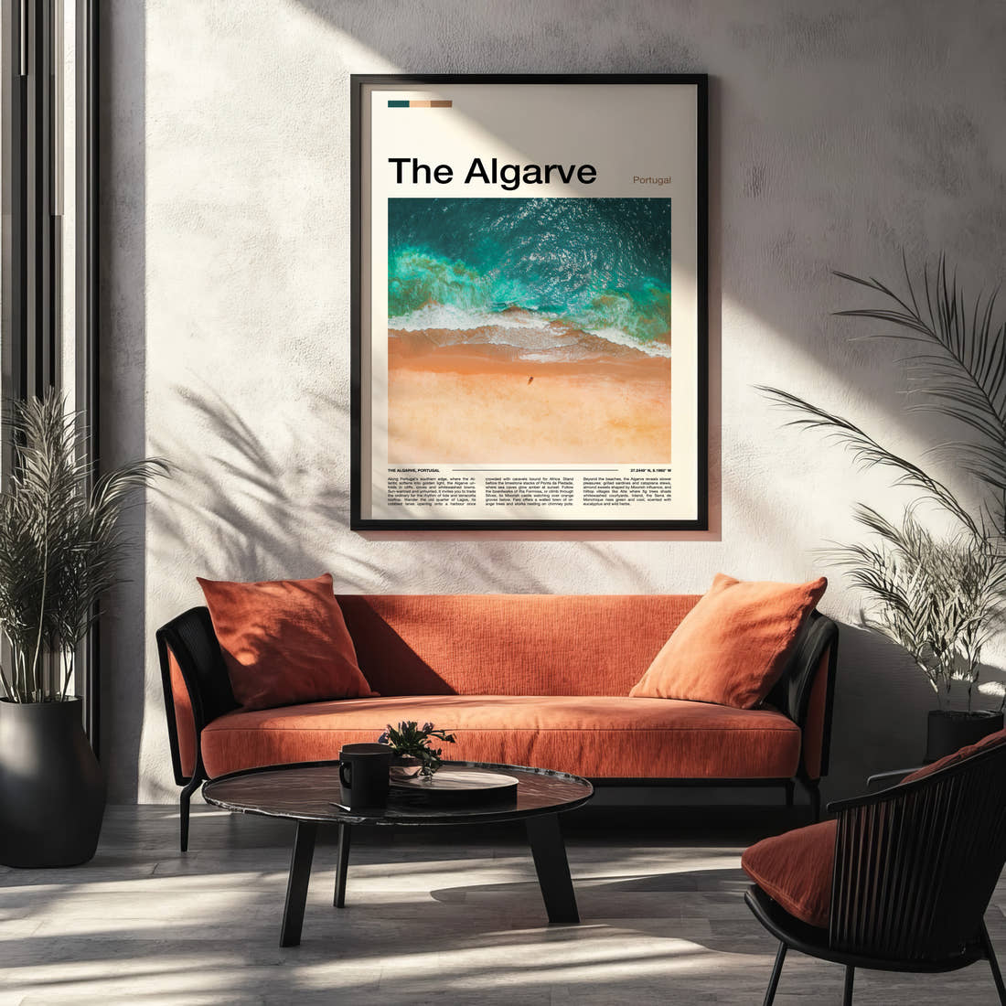 The Algarve Aerial Coastal Waves Travel Print framed on the wall of a modern living room