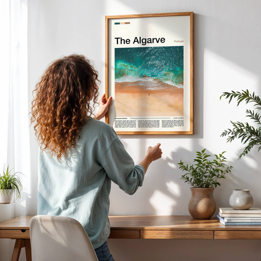 The Algarve Aerial Coastal Waves Travel Print framed on a pale wall beside houseplants