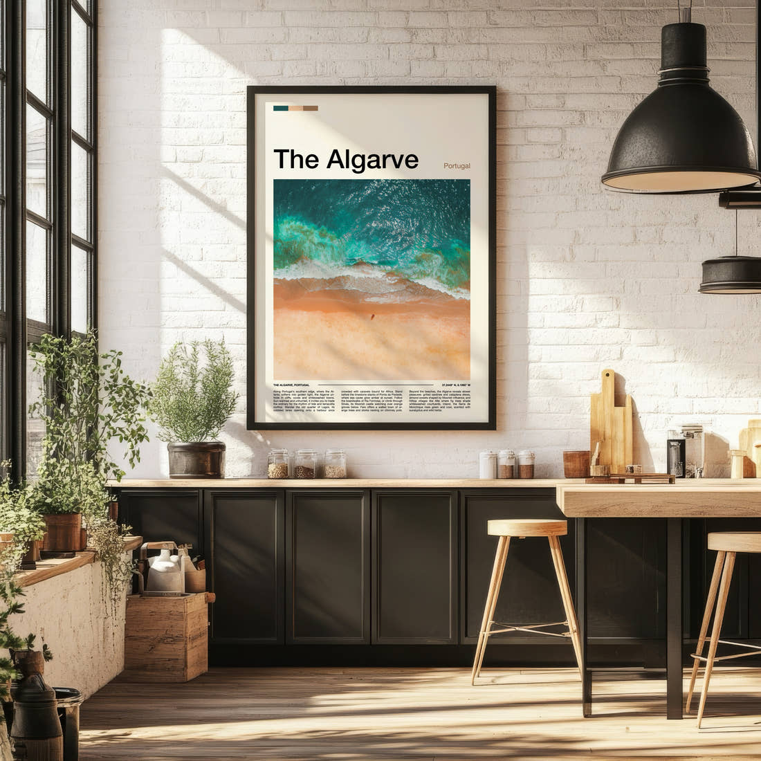 The Algarve Aerial Coastal Waves Travel Print framed on the wall of a bright kitchen and dining space
