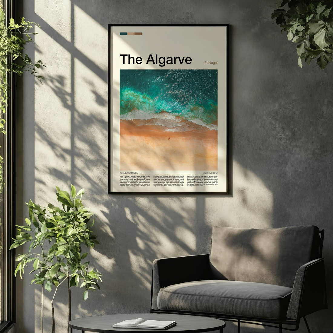 The Algarve Aerial Coastal Waves Travel Print framed on the wall of a relaxed living room