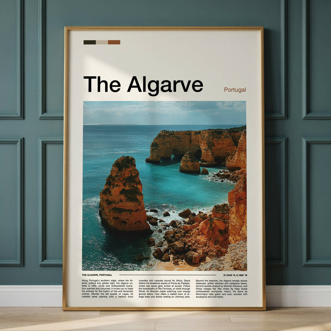 The Algarve Limestone Sea Cliffs Travel Print framed on the wall of a calm, neutral bedroom