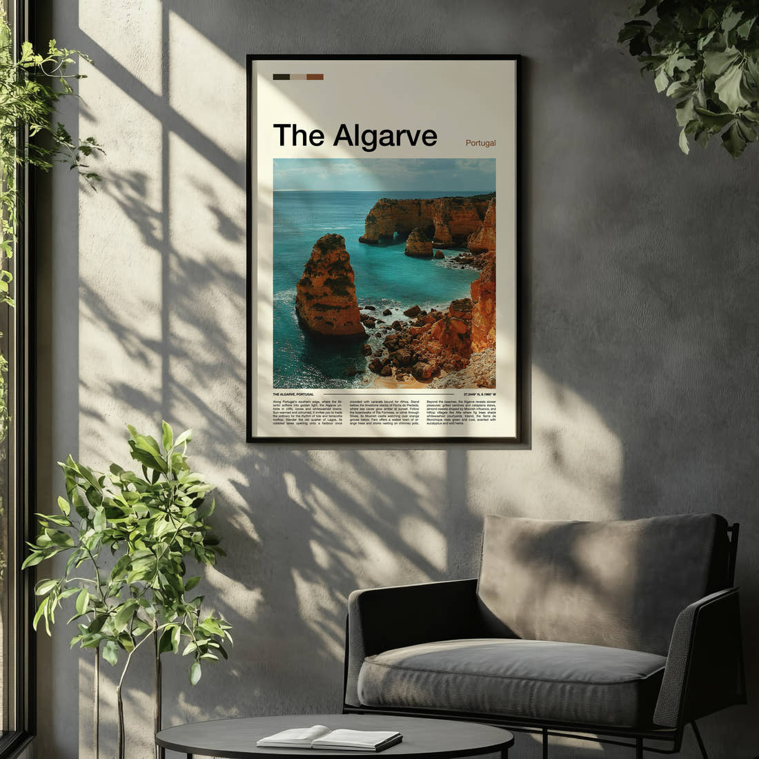 The Algarve Limestone Sea Cliffs Travel Print framed on the wall of a relaxed living room