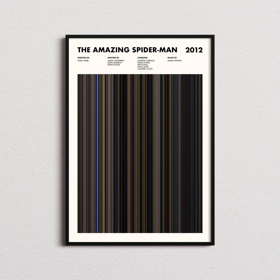 The Amazing Spider-Man Movie Barcode Poster framed on a plain studio wall
