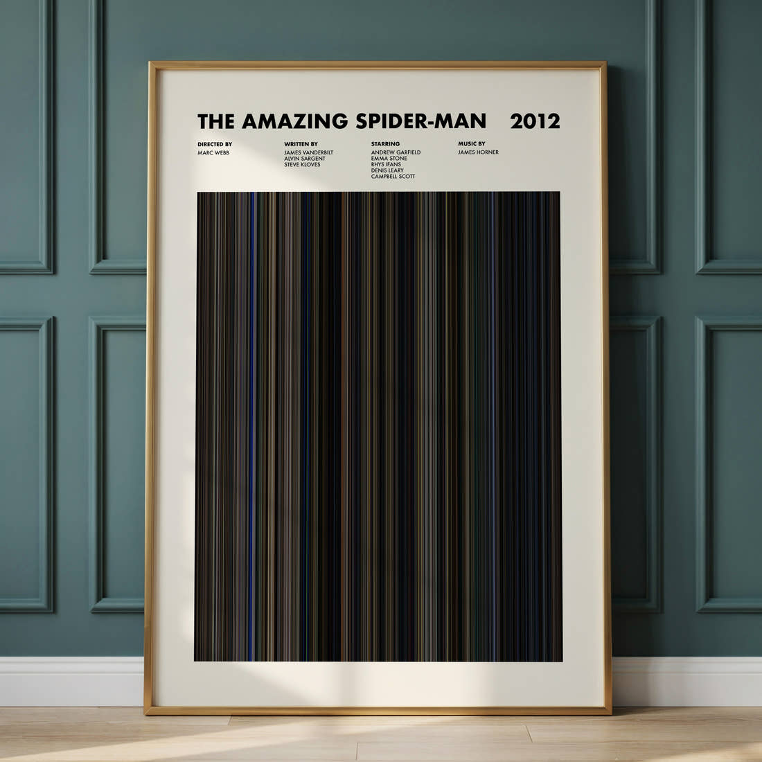 The Amazing Spider-Man Movie Barcode Poster framed and leaning against a panelled wall
