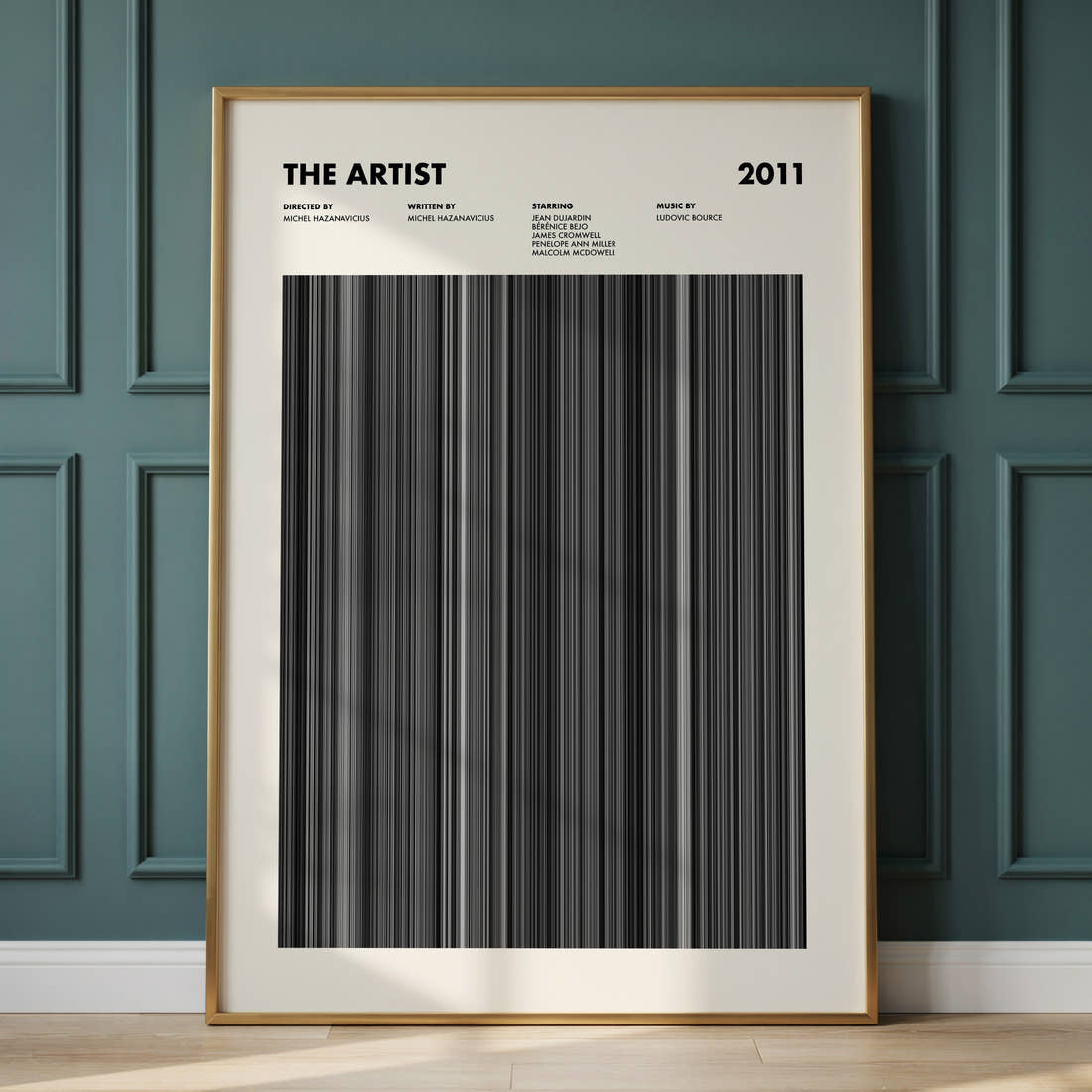 The Artist Movie Barcode Poster framed and leaning against a panelled wall
