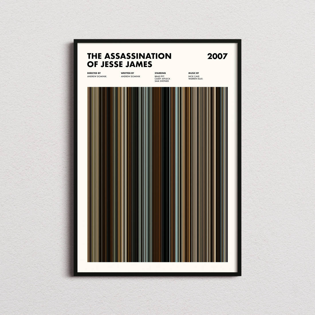 The Assassination of Jesse James Movie Barcode Poster framed on a plain studio wall