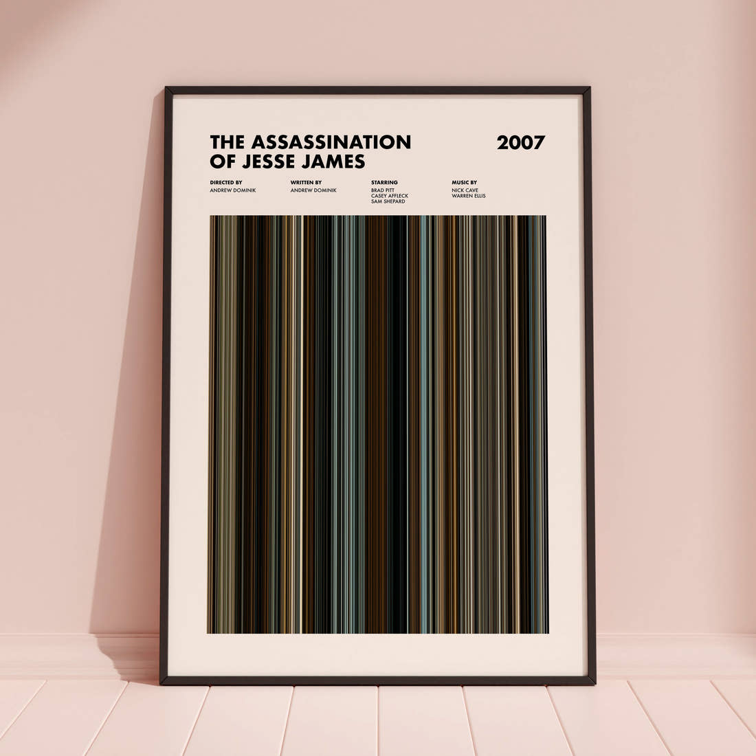 The Assassination of Jesse James Movie Barcode Poster framed and leaning against a coloured wall