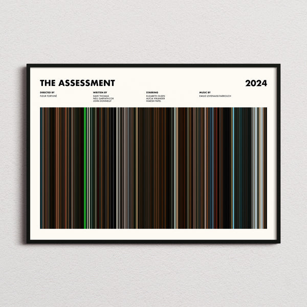 The Assessment Movie Barcode Poster framed and photographed straight on