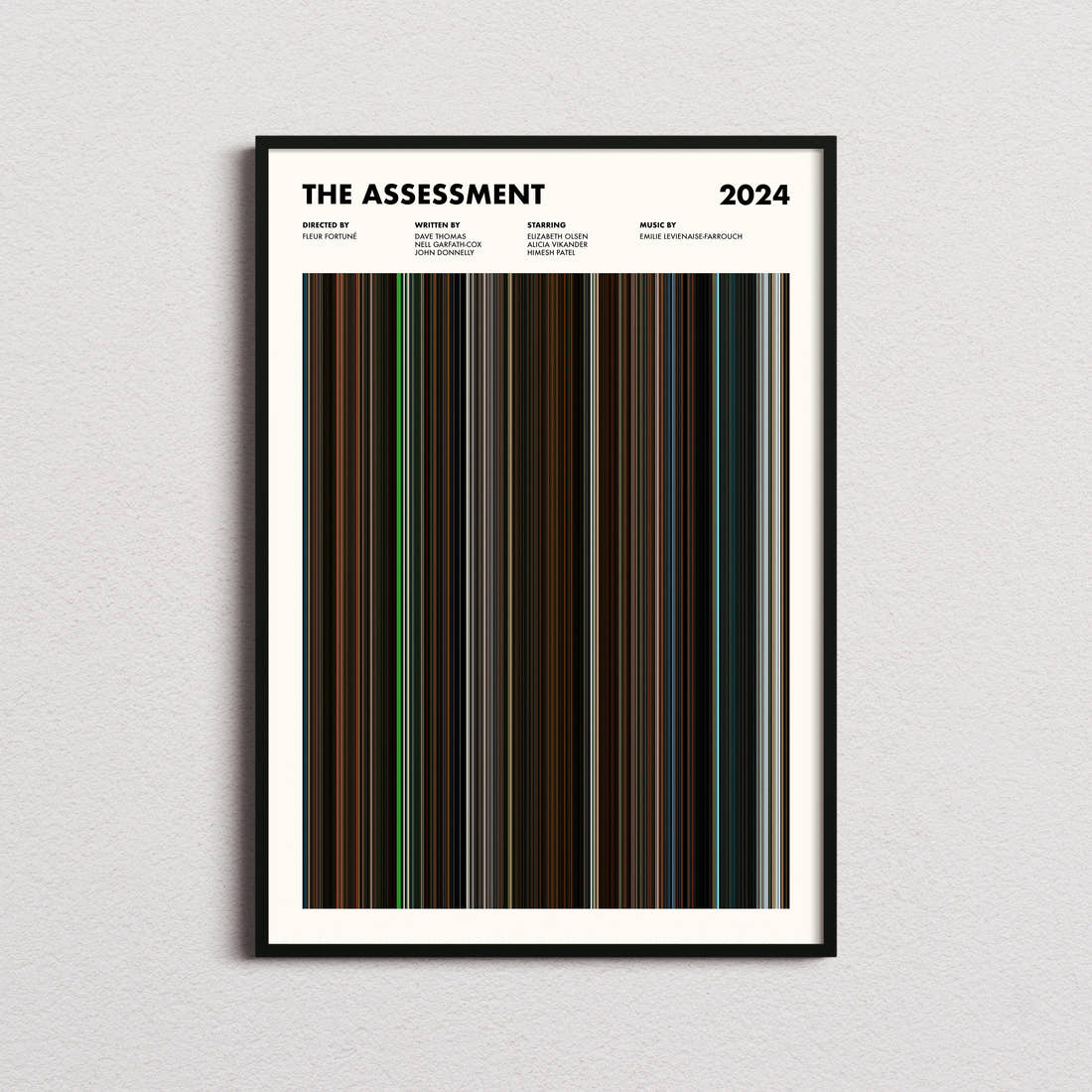 The Assessment Movie Barcode Poster framed on a plain studio wall