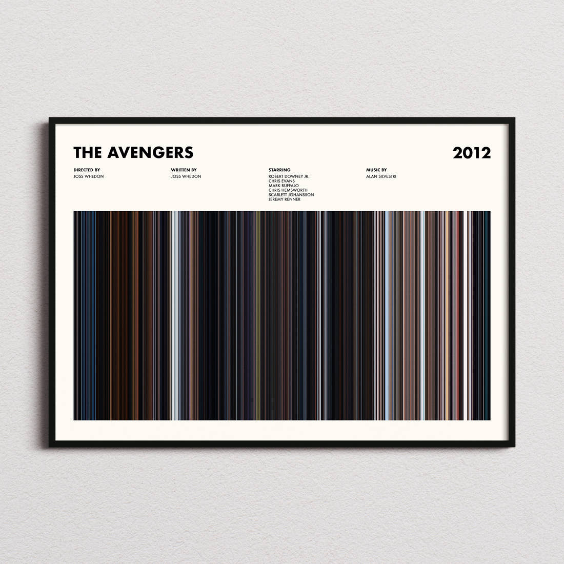The Avengers Movie Barcode Poster framed and photographed straight on