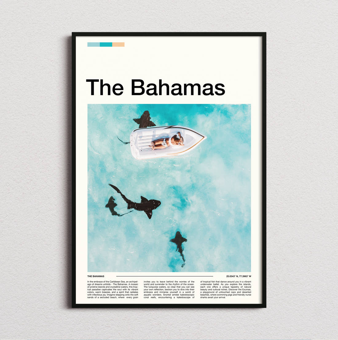 The Bahamas Sharks Beside A Boat Travel Print framed and photographed straight on