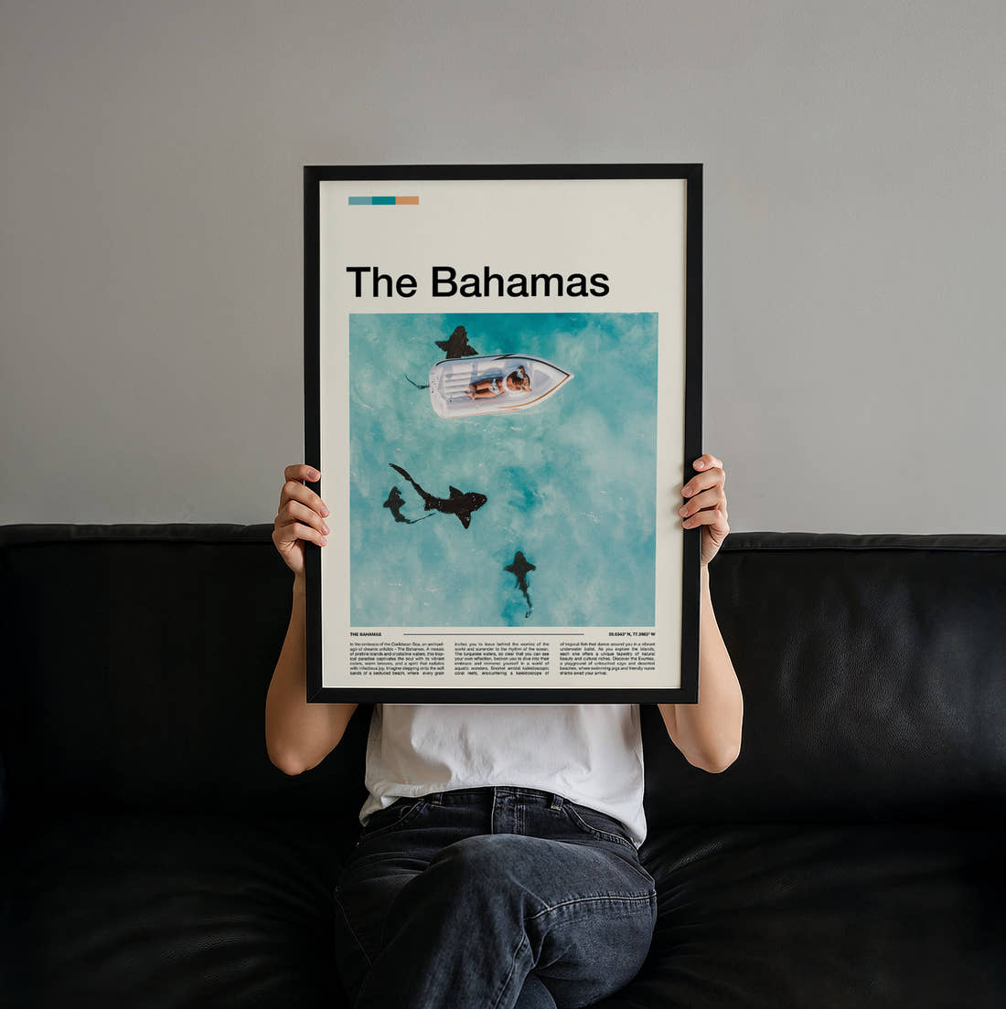 The Bahamas Sharks Beside A Boat Travel Print held up by hand to show the size of the print
