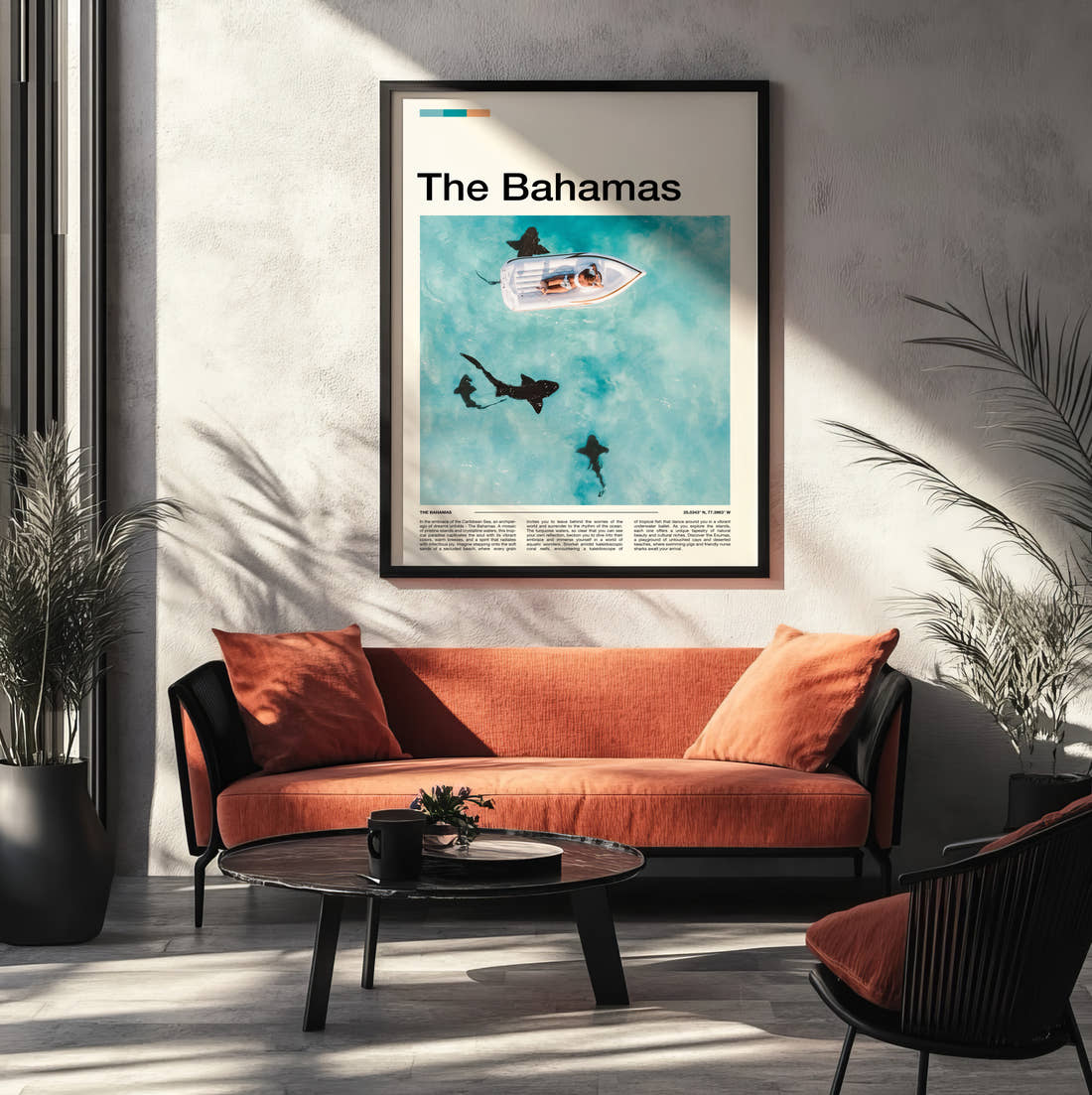 The Bahamas Sharks Beside A Boat Travel Print framed on the wall of a modern living room