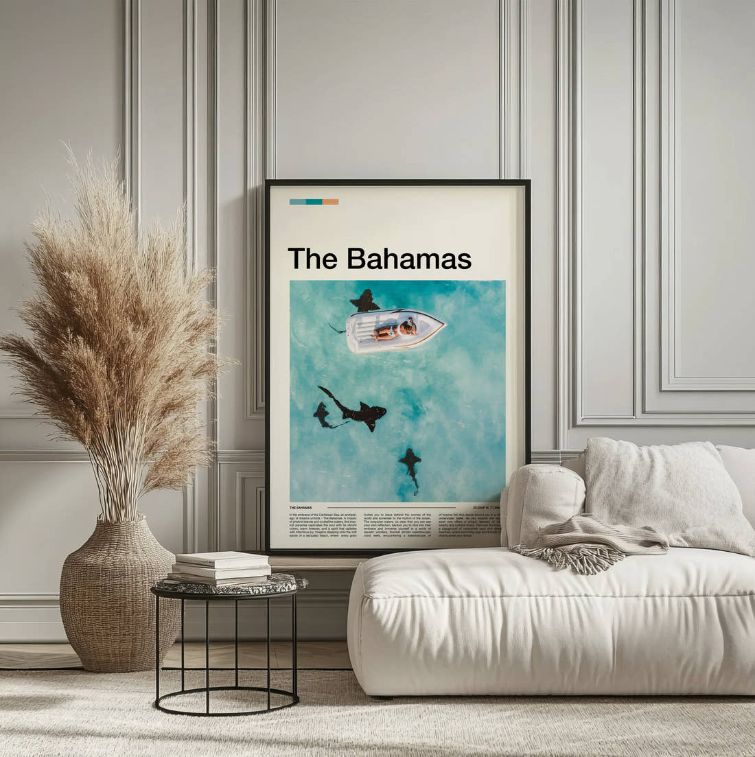 The Bahamas Sharks Beside A Boat Travel Print framed on the wall of a calm, neutral bedroom
