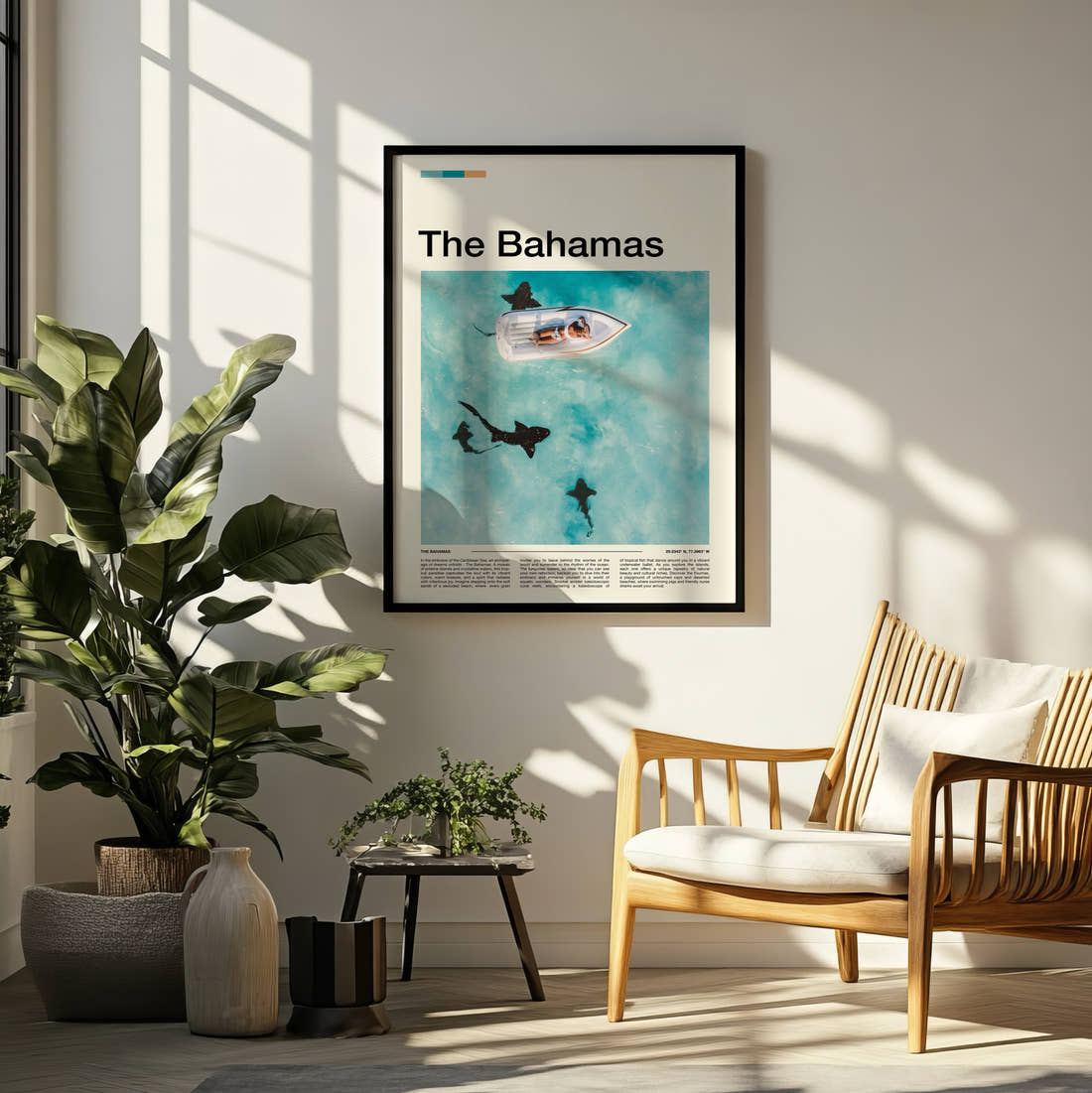 The Bahamas Sharks Beside A Boat Travel Print framed on a pale wall beside houseplants