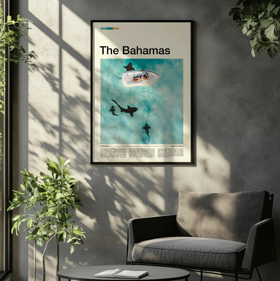The Bahamas Sharks Beside A Boat Travel Print framed on the wall of a relaxed living room