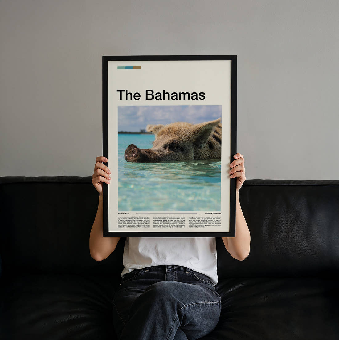 The Bahamas Swimming Pig In Turquoise Water Travel Print held up by hand to show the size of the print