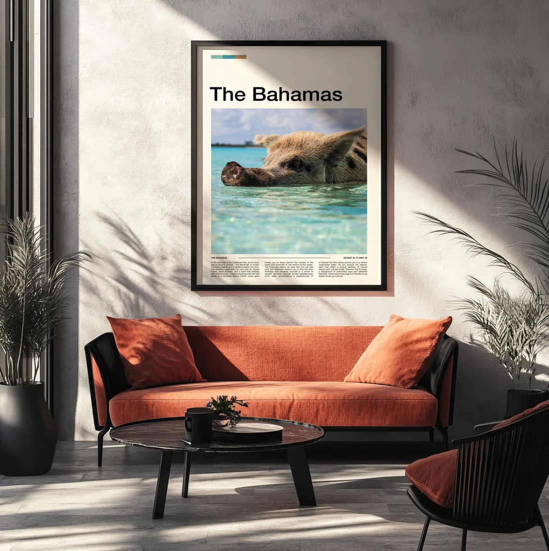 The Bahamas Swimming Pig In Turquoise Water Travel Print framed on the wall of a modern living room