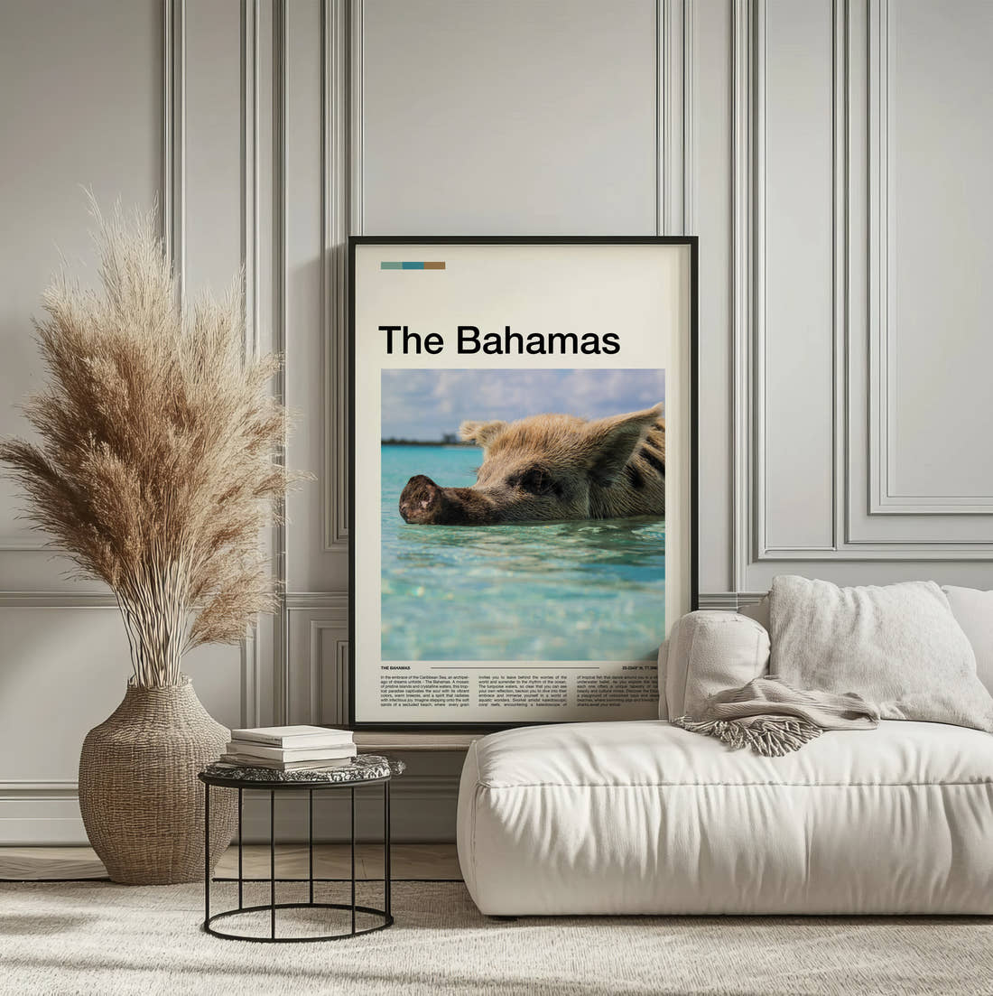 The Bahamas Swimming Pig In Turquoise Water Travel Print framed on the wall of a calm, neutral bedroom