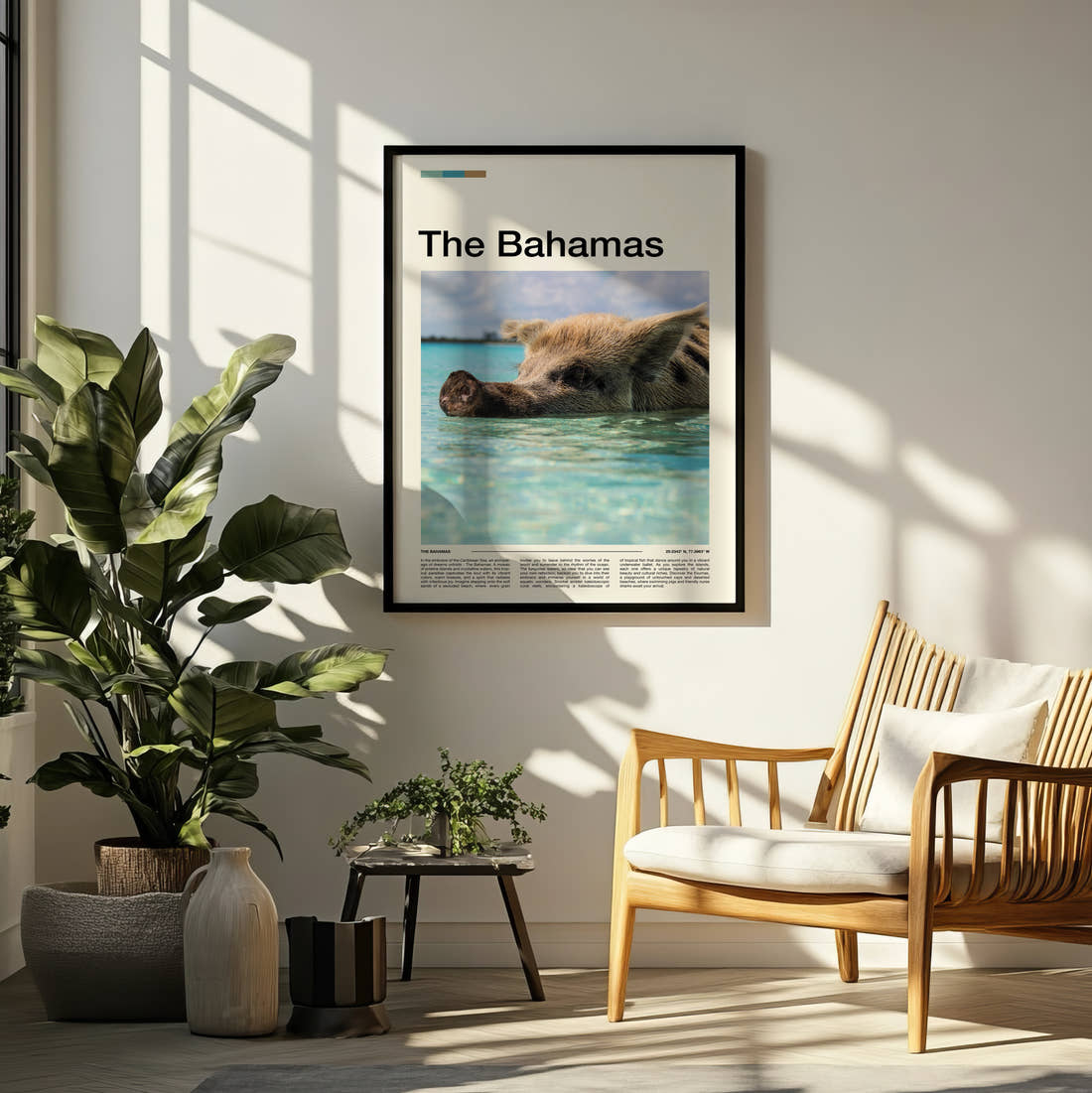 The Bahamas Swimming Pig In Turquoise Water Travel Print framed on a pale wall beside houseplants