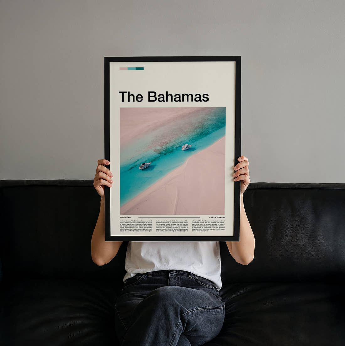 The Bahamas Boats On Turquoise Water Travel Print held up by hand to show the size of the print