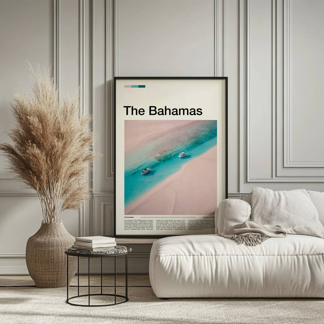 The Bahamas Boats On Turquoise Water Travel Print framed on the wall of a calm, neutral bedroom
