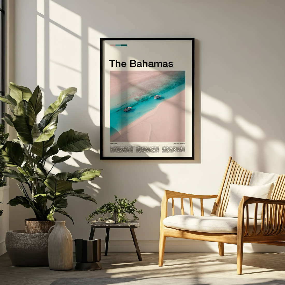 The Bahamas Boats On Turquoise Water Travel Print framed on a pale wall beside houseplants