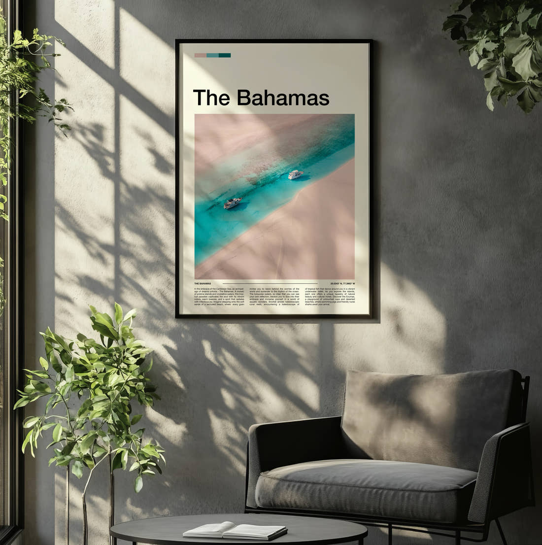 The Bahamas Boats On Turquoise Water Travel Print framed on the wall of a relaxed living room