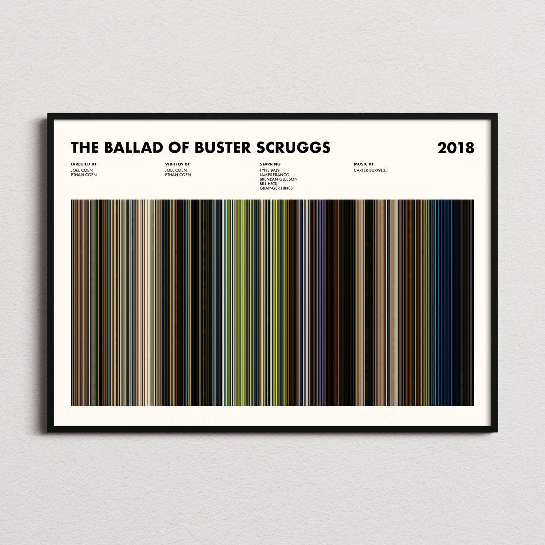 The Ballad of Buster Scruggs Movie Barcode Poster framed and photographed straight on