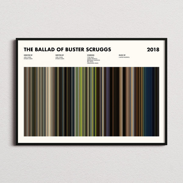 The Ballad of Buster Scruggs Movie Barcode Poster framed and photographed straight on