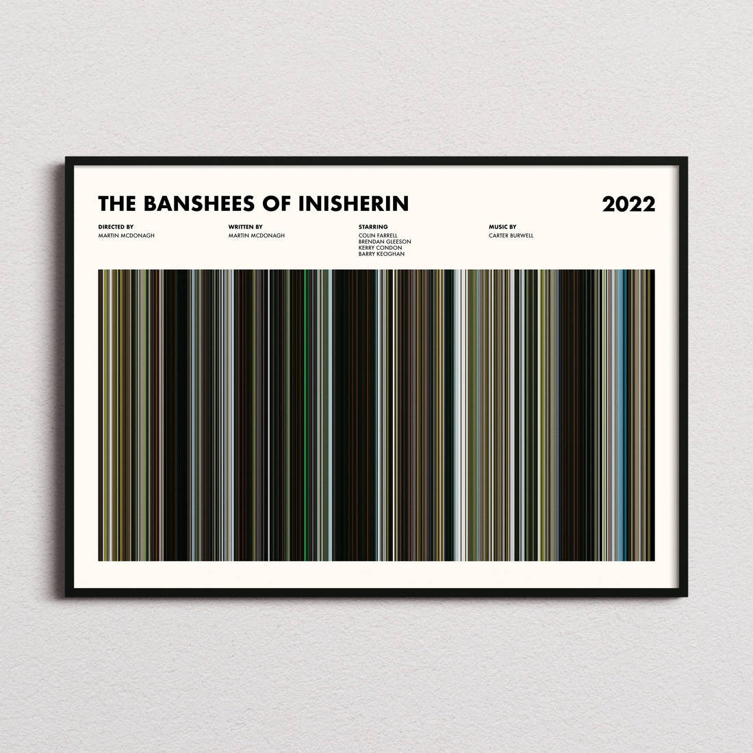 The Banshees of Inisherin Movie Barcode Poster framed and photographed straight on