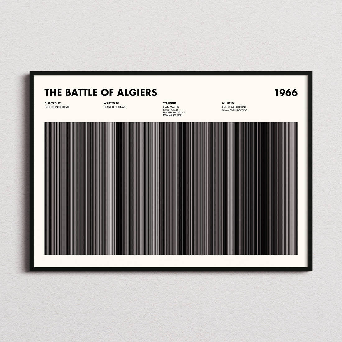 The Battle Of Algiers Movie Barcode Poster framed and photographed straight on