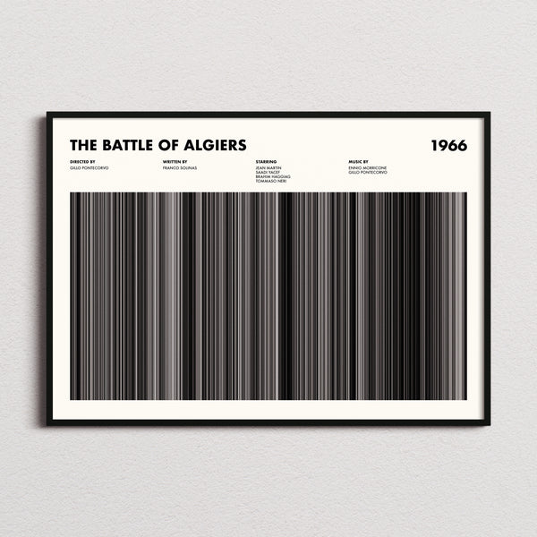 The Battle Of Algiers Movie Barcode Poster framed and photographed straight on