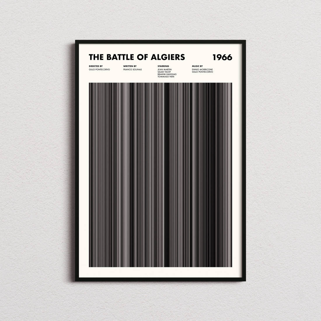 The Battle Of Algiers Movie Barcode Poster framed on a plain studio wall